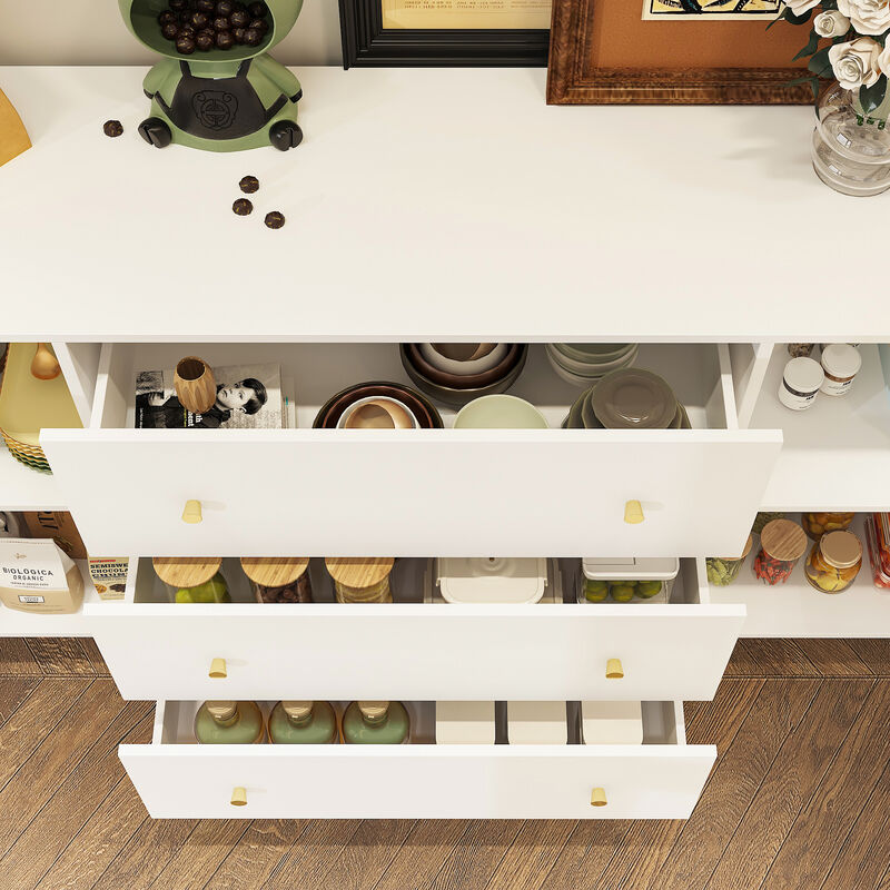 FUFU&GAGA Modern White Sideboard with Two Doors and Three Drawers, Gold Tapered Handles, and Storage Shelf (63" W x 15.7" D x 35.4" H), White