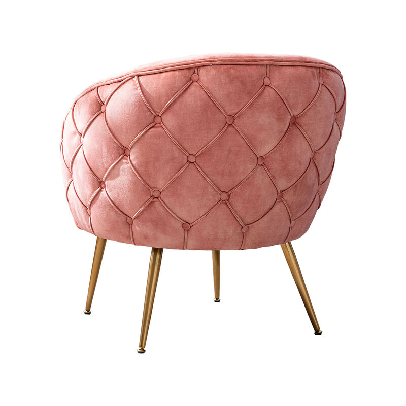 Anvi 30 Inch Accent Chair, Curved Back, Woven Diamond Pattern, Pink, Gold-Benzara