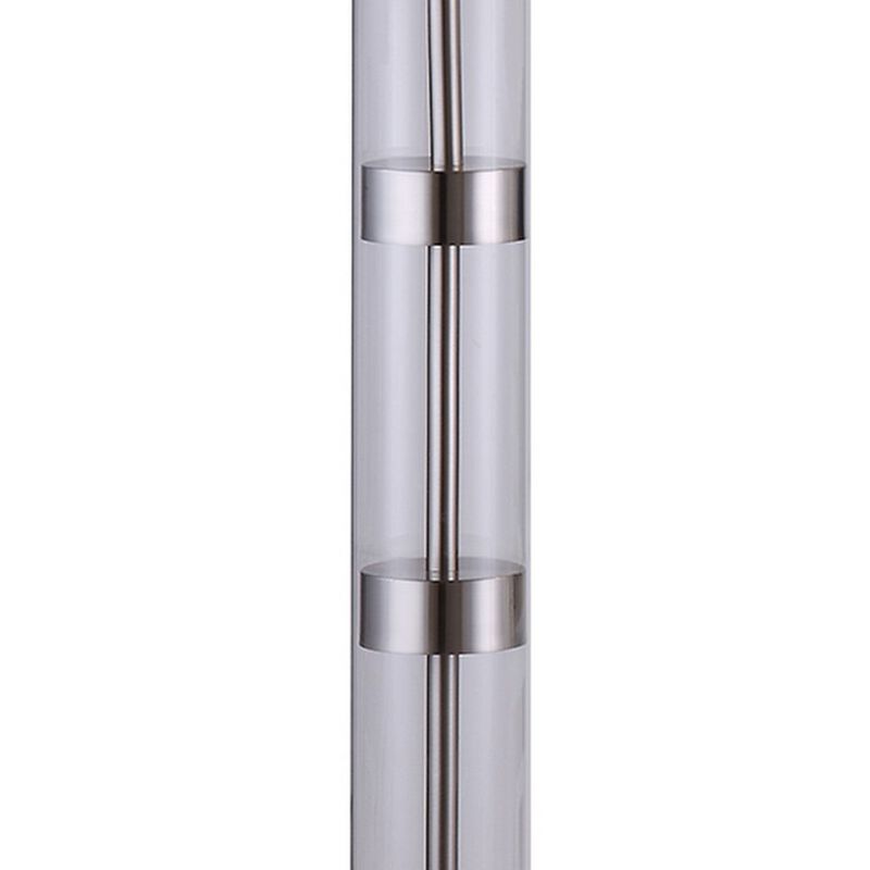 Kria 60 Inch Floor Lamp, Clear Glass Stand, Metal Bands, Satin Nickel-Benzara