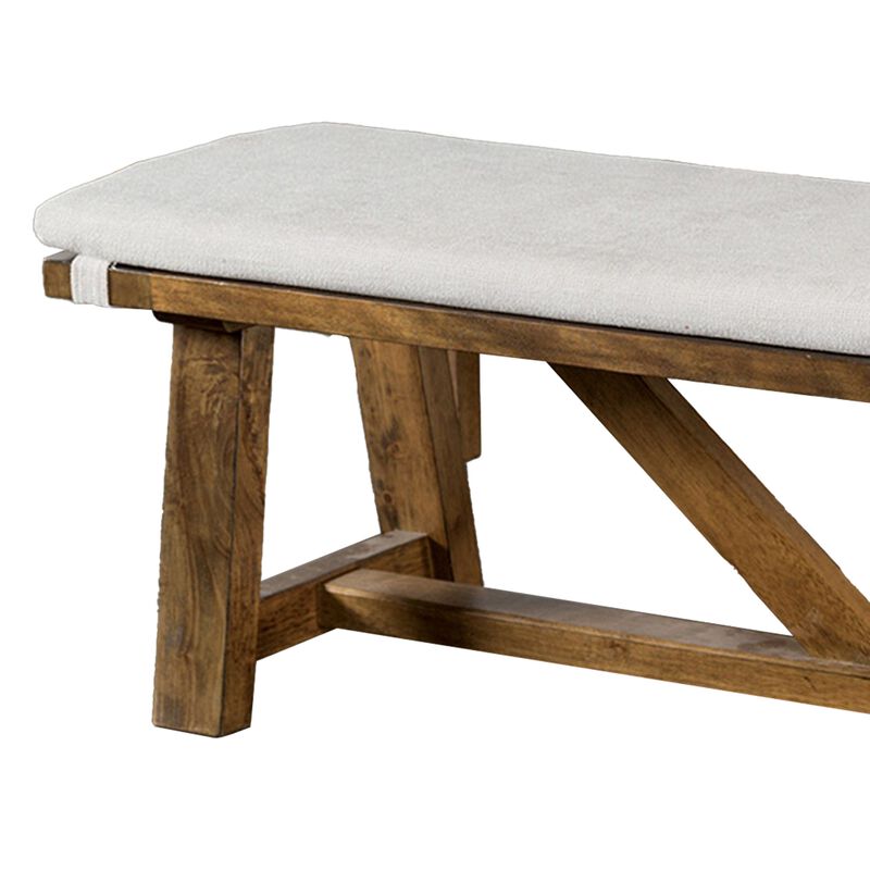 Jule Dining Bench, Trestle Base, 69 Inch, Brown Wood with Off White Seat