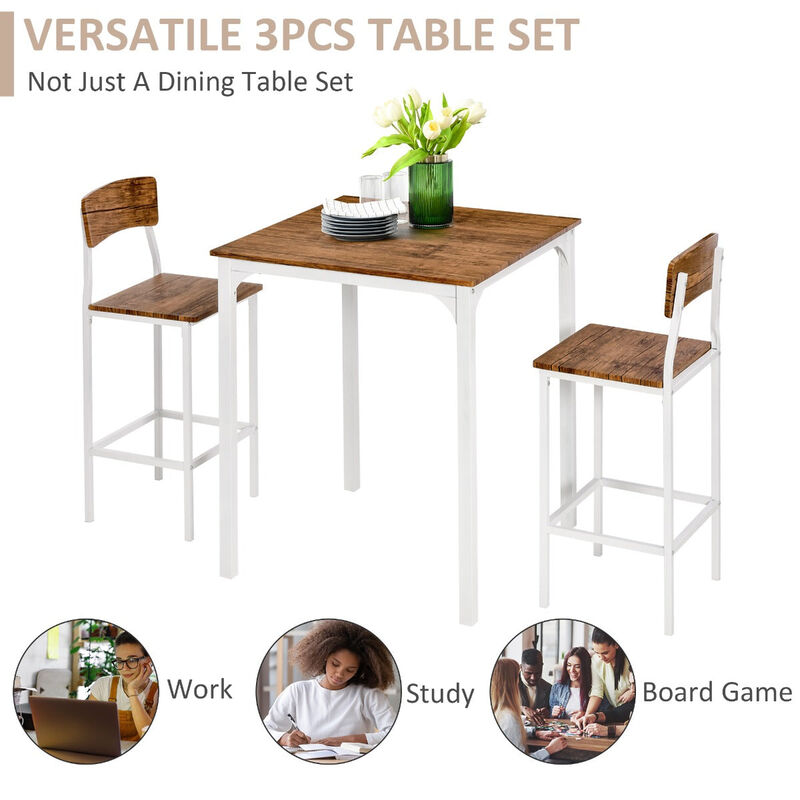 Brown/White Compact Dining: 3-Piece Set for Small Spaces