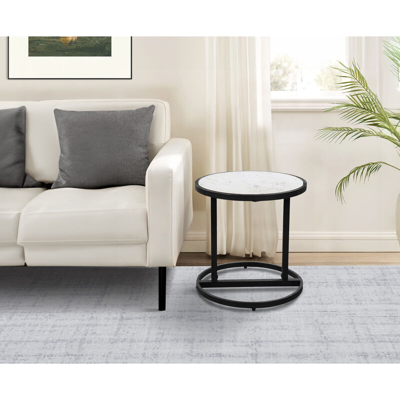 Beri 18 Inch Side End Table, Round White Natural Marble Top, Classic Slim Black Iron Frame - Benzara