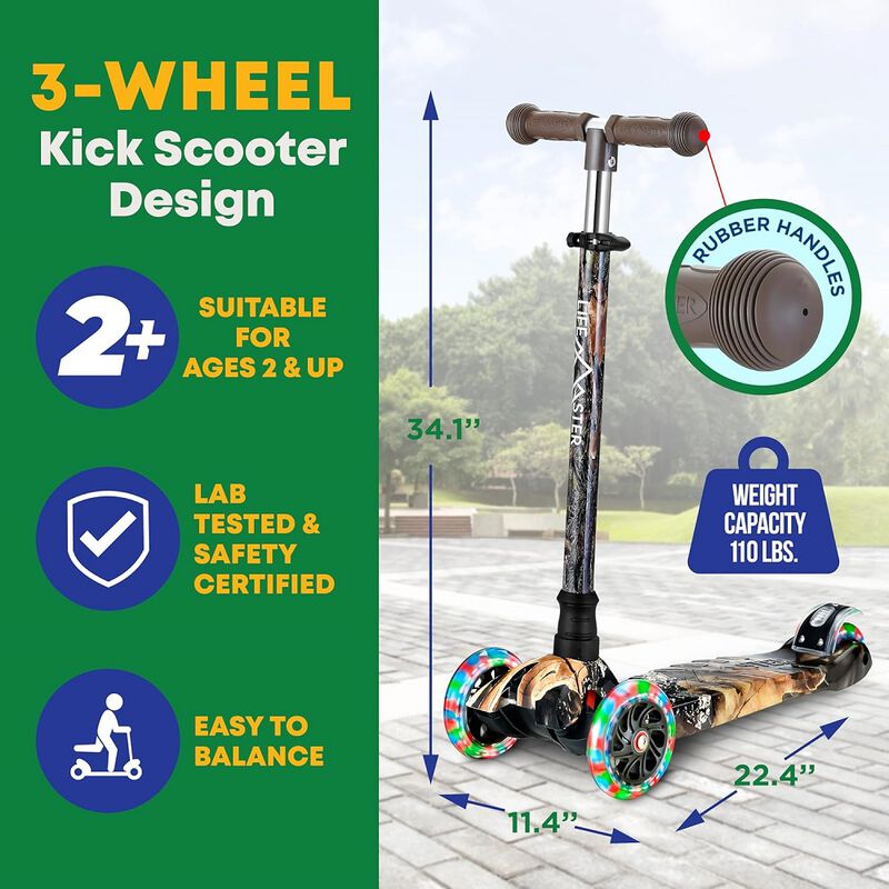 Kids Scooter – Children and Toddler 3 Wheel Kick Scooter – LED Wheel Lights Illuminate When Rolling– Adjustable Handlebar – Indoor and Outdoor