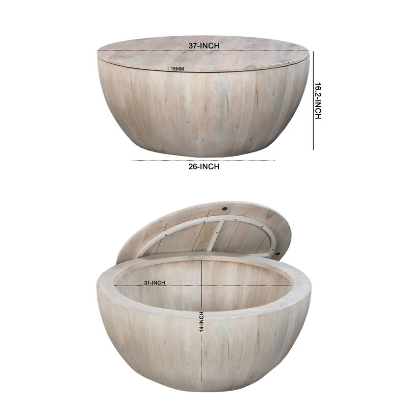 37 Inch Round Coffee Table, Handcrafted Drum Shape with Storage, Washed White Mango Wood - Benzara