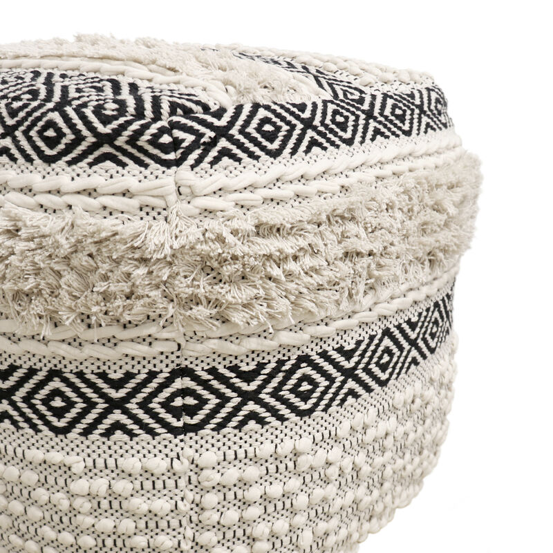 Pasargad Home Grandcanyon Hand Woven 100% Cotton Pouf, Ivory/Black