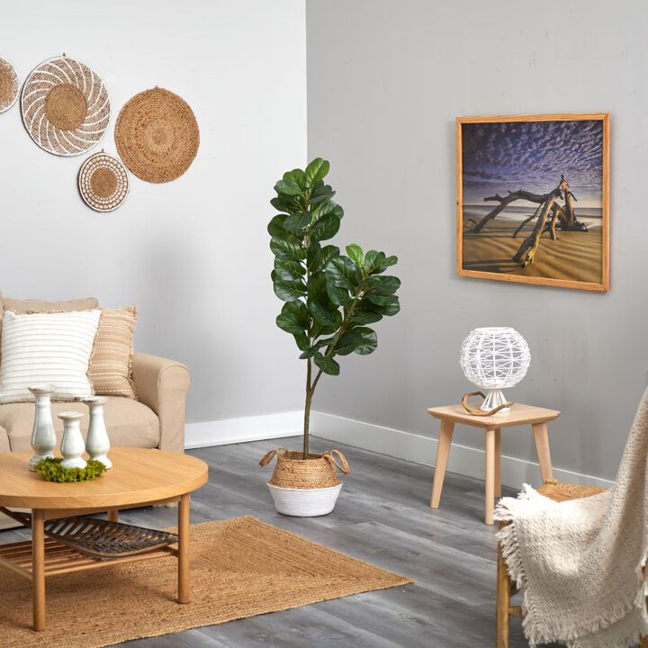 Hivvago 4.5 Feet Fiddle Leaf Fig Artificial Tree with Boho Chic Handmade Cotton & Jute White Woven Planter