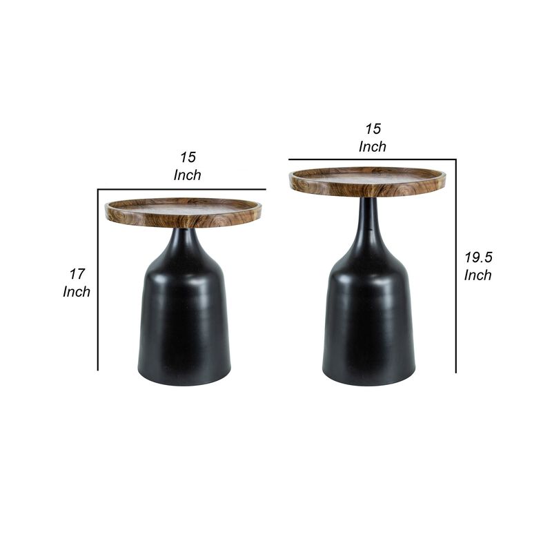 20, 17 Inch Side Table, Acacia Wood, Flared Pedestal Base, Aluminum, Black - Benzara