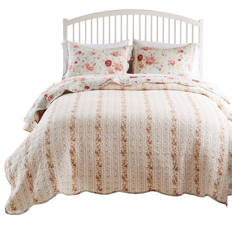 Rosle 3pc Full/Queen Size Bedspread Set, 2 Shams, Rose Print, Blue Cotton