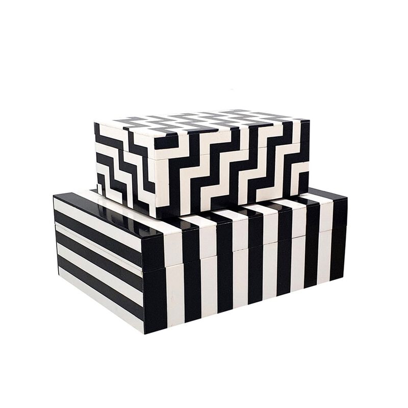 Anya Set of 2 Accessory Boxes, Multipurpose Lidded Storage, Black, White - Benzara