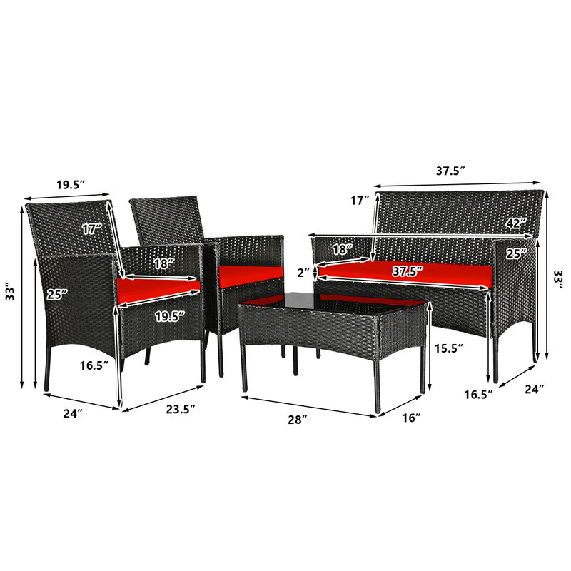 4 Pieces Patio Rattan Cushioned Sofa Set with Tempered Glass Coffee Table-Red
