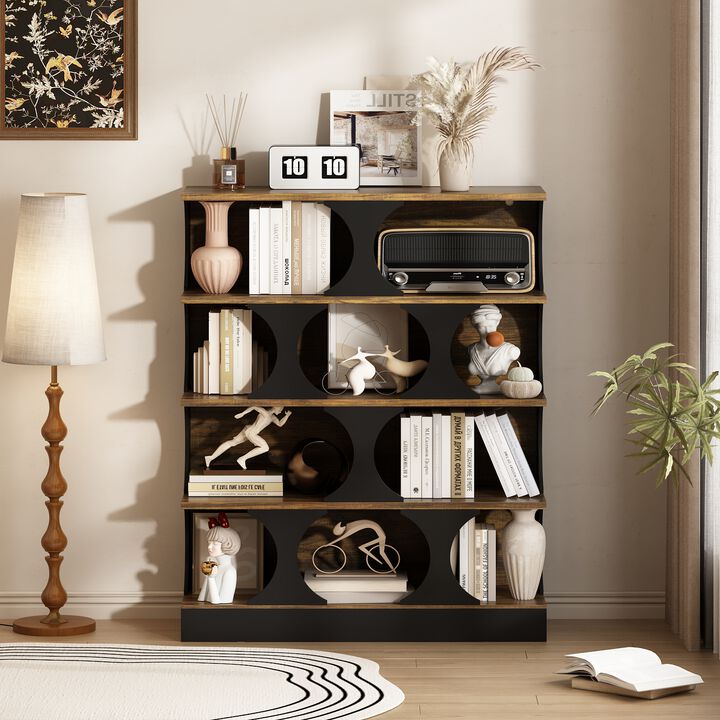 FUFU&GAGA 4-Tier Curved Bookcase - Vintage Walnut Texture, Black Matte Finish, Space-Saving Arched Shelf for Living Room, Office & Bedroom, (43.3" W x 15.7" D x 60" H), Vintage Walnut