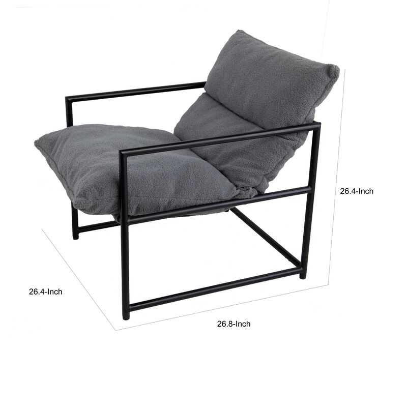 26 Inch Accent Chair with Cushion, Black Iron, Light Gray Faux Leather - Benzara