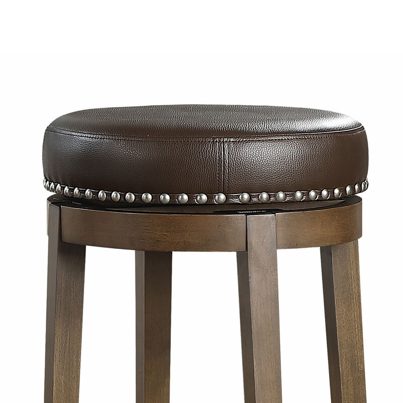 Bara 31 Inch Swivel Barstool, Brown Round Faux Leather Seat, Set of 2 - Benzara