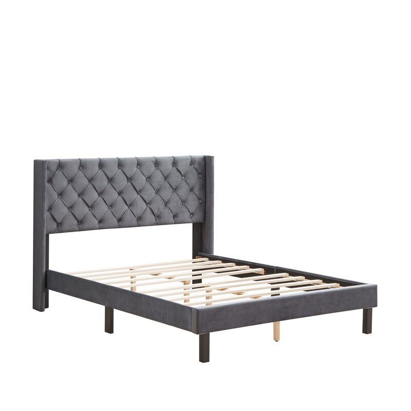 Velvet Button Tufted-Upholstered Bed With Wings Design, Strong Support, Easy Assembly