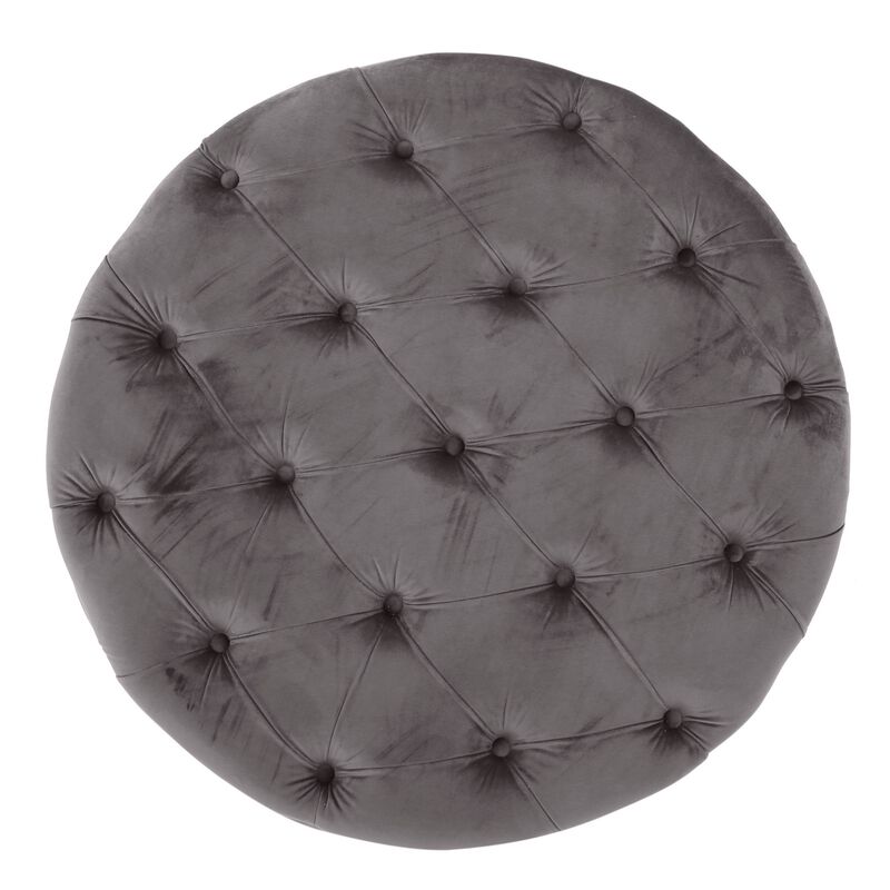 Keja Ottoman, Tufted Dark Gray Velvet, Soft Cushioning, Round 30 Inch - Benzara