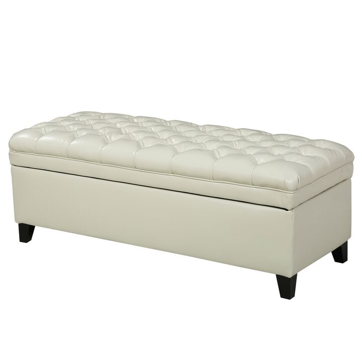 Rhya Storage Ottoman Bench, Ivory Faux Leather, Brown Wood, 50 Inch -Benzara