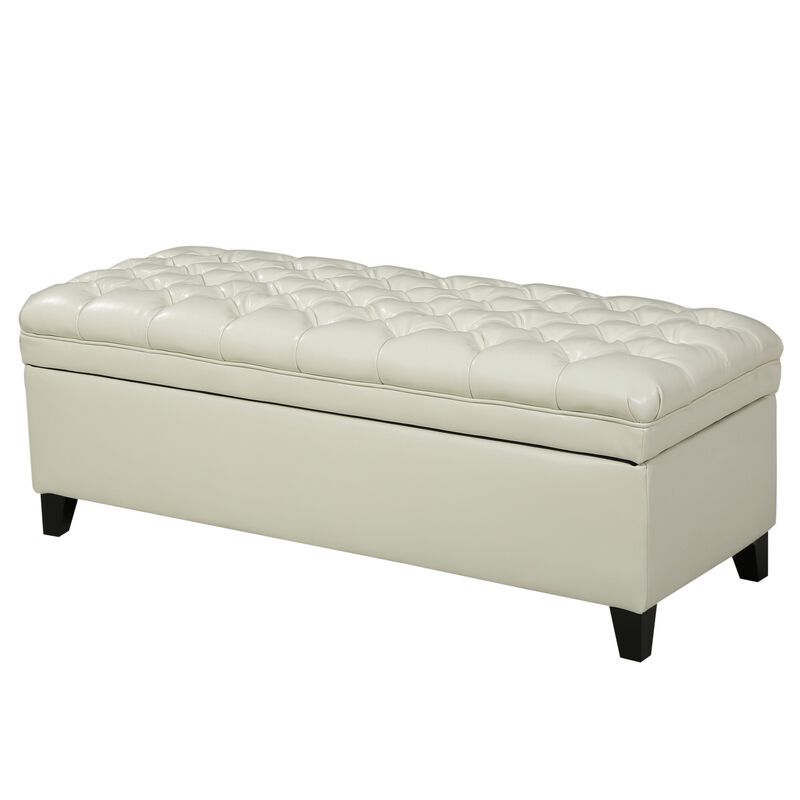 Rhya Storage Ottoman Bench, Ivory Faux Leather, Brown Wood, 50 Inch -Benzara