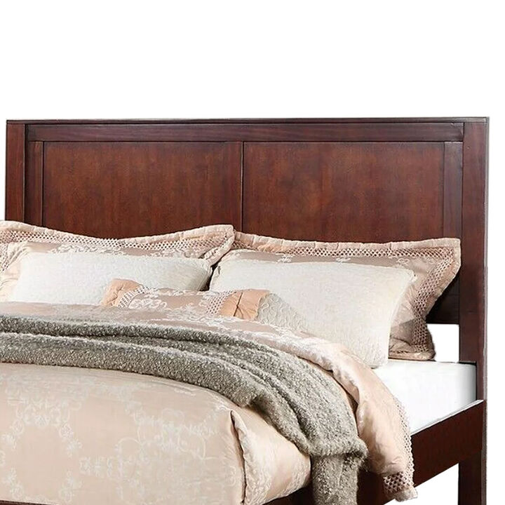 Kali Platform California King Bed, Rectangular Panel, Cherry Brown Wood - Benzara