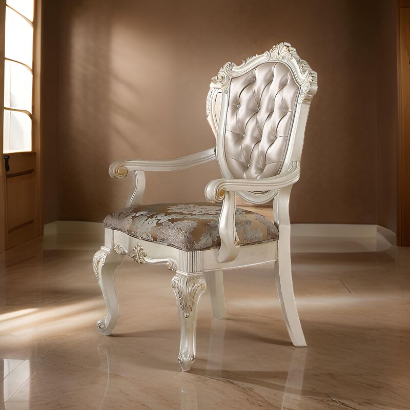 28 Inch Vegan Faux Leather Dining Side Chair, Set of 2, White, Gold - Benzara
