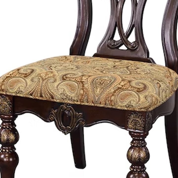 Fabric Upholstered Wooden Side Chair With Intricate Back, Set of 2 , Cherry Brown-Benzara