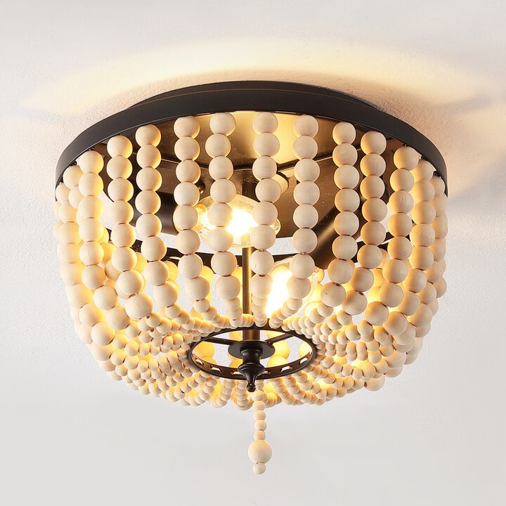 Allison 2-Light Shabby Chic Farmhouse Wood Beaded/Metal LED Flush Mount