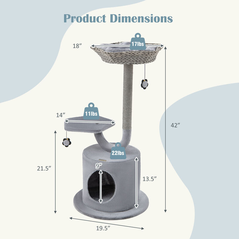 42" Tall Cat Tower with Curved Metal Supporting Frame for Large & Small Cats-Grey