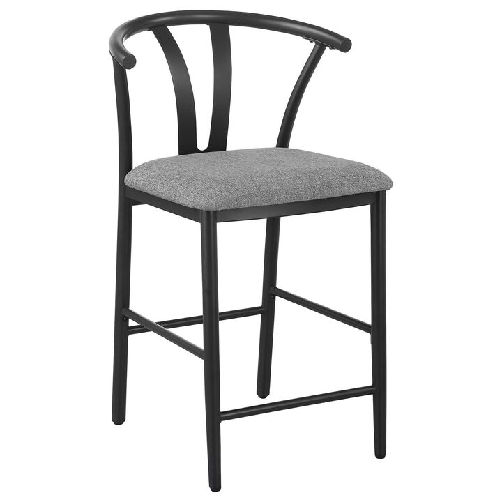 Dola Counter Height Chair Set of 2, Gray Fabric, Black Metal 25 Inch - Benzara