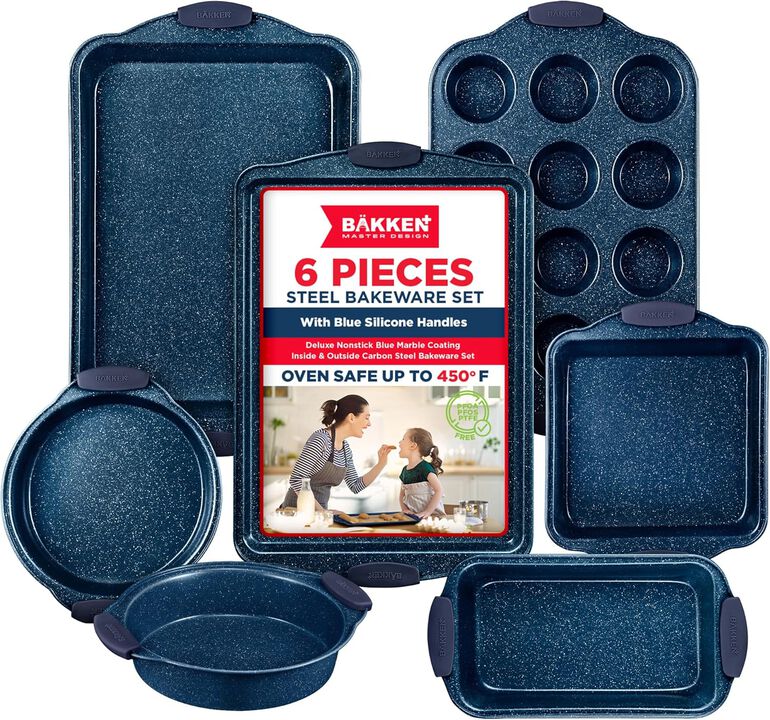 BAKKEN Kitchen Baking Pan Set - Nonstick Coating, Carbon Steel Bakeware Sets with Silicone Handles, Baking Kitchen Essentials, PFOA, PFOS, PTFE Free, Oven Safe Tray (Up To 450° F), Set of 6