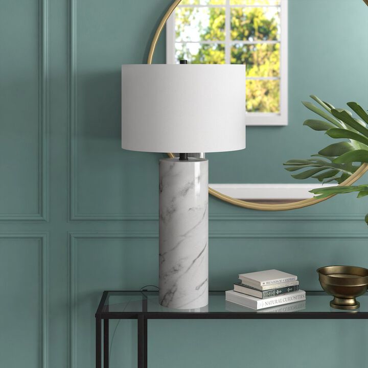 HomeRoots 30 White Marble Cylinder Table Lamp With White Drum Shade