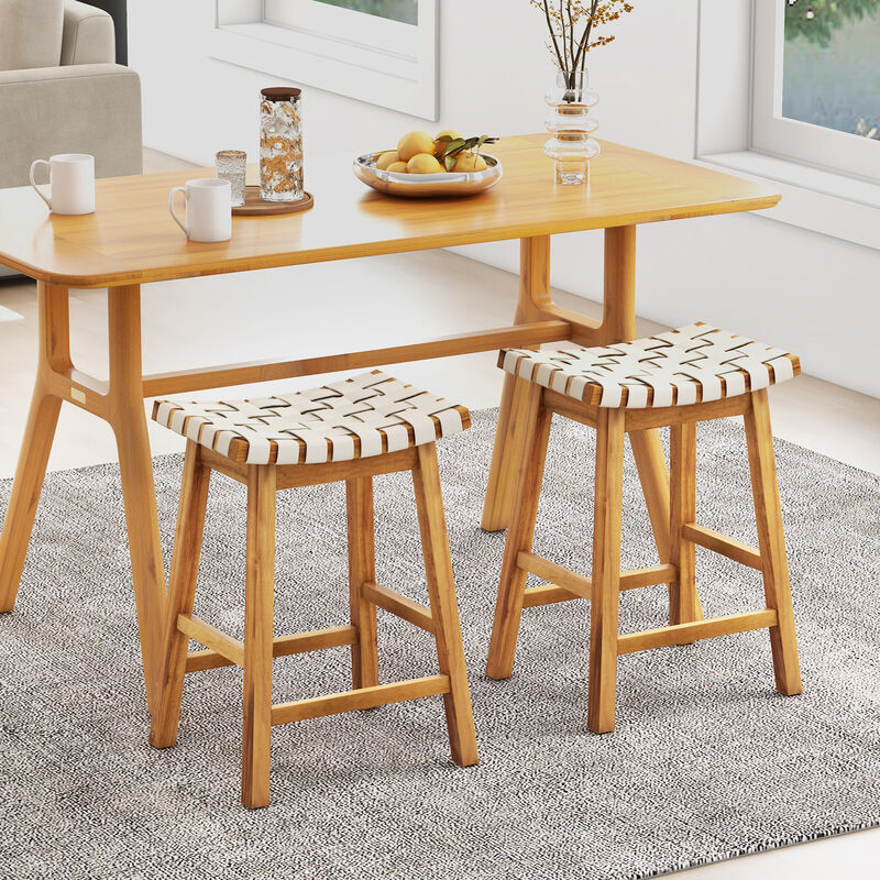 Faux PU Leather Bar Stools Set of 2 with Woven Curved Seat