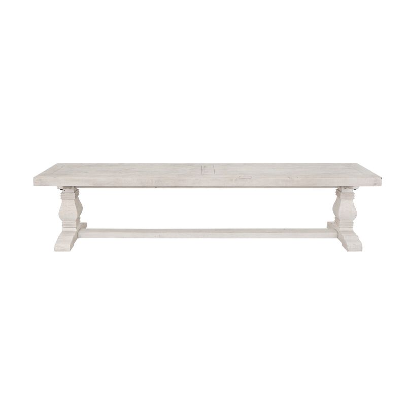 Kai 66 Inch Reclaimed Pine Dining Bench, Turned Pedestals, Antique White-Benzara