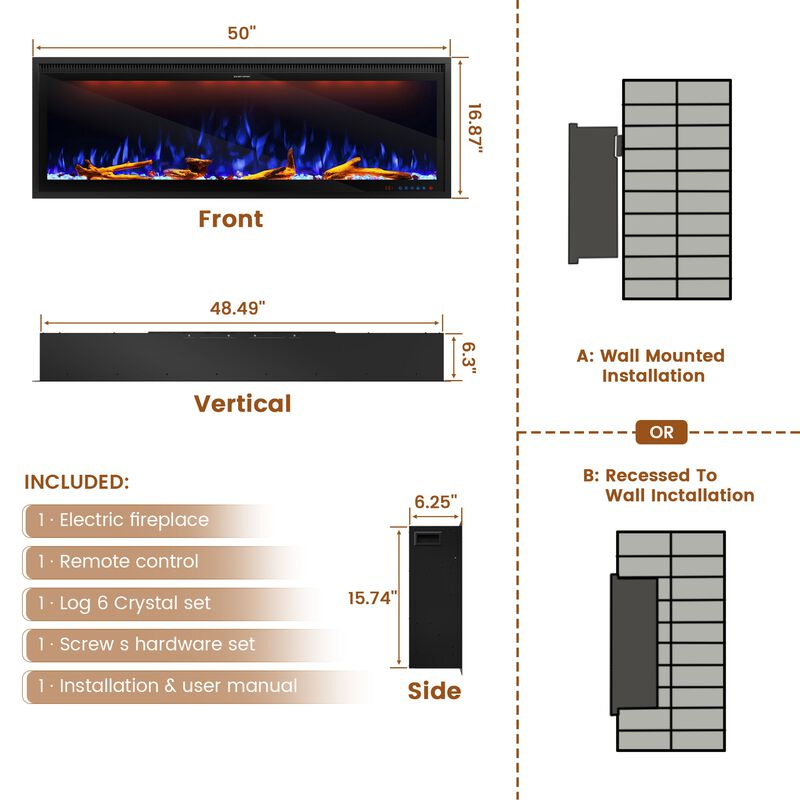Smart 88” Wall-Mounted Electric Fireplace with Realistic Flame Effects, Dual Heating, and Alexa Compatibility