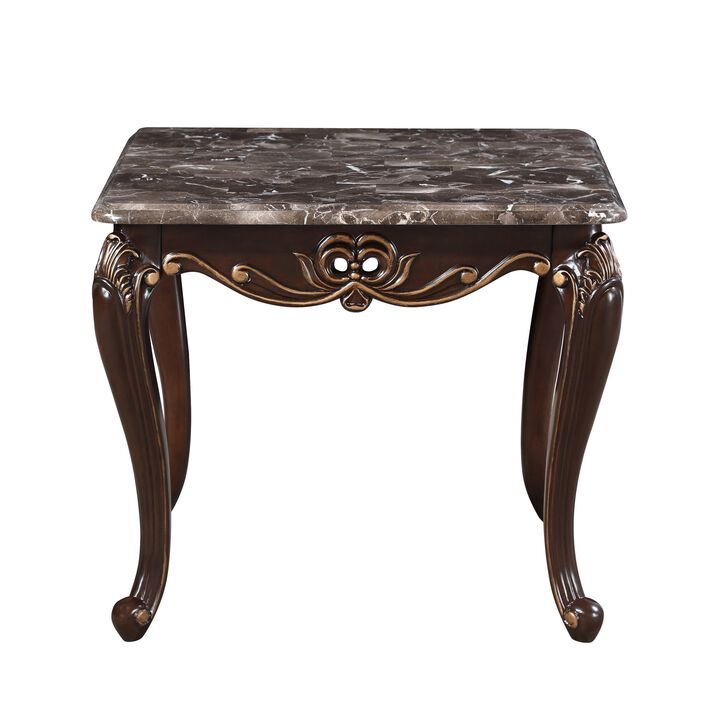 Cona 28 Inch Side End Table, Carved Gold Accents, Cherry Brown, Gray White - Benzara