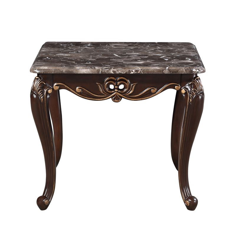 Cona 28 Inch Side End Table, Carved Gold Accents, Cherry Brown, Gray White - Benzara