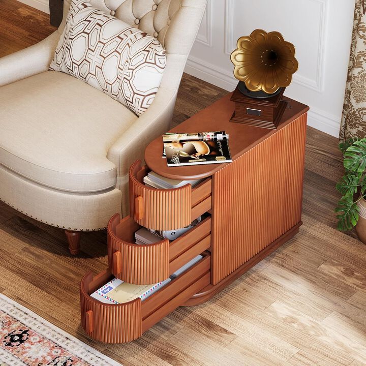 Wood End Table With 3 Drawers, No Assembly Required, Slim Profile Sofa Table Beside Coach, Mid-Century Modern Side Table for Living Room, Narrow Nightstand for Bedroom, Closed Back Design for Versatile Placement
