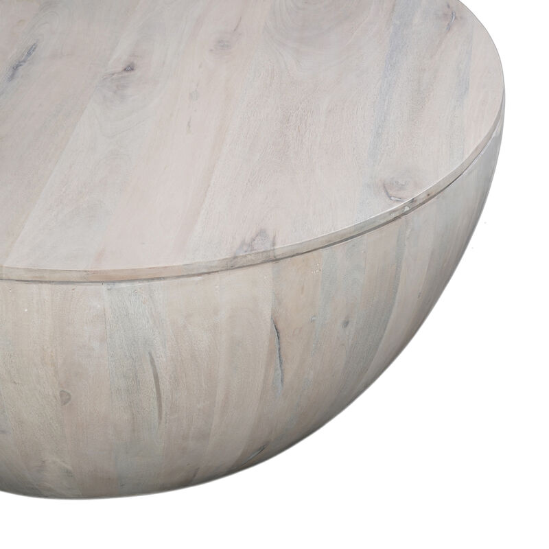 37 Inch Round Coffee Table, Handcrafted Drum Shape with Storage, Washed White Mango Wood - Benzara