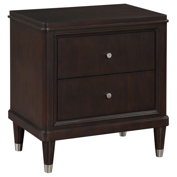 Amber Nightstand, 2 Drawers, Round Metal Knobs, Tapered Legs, Brown Wood - Benzara Amber Nightstand, 2 Drawers, Round Metal Knobs, Tapered Legs, Brown Wood - Benzara