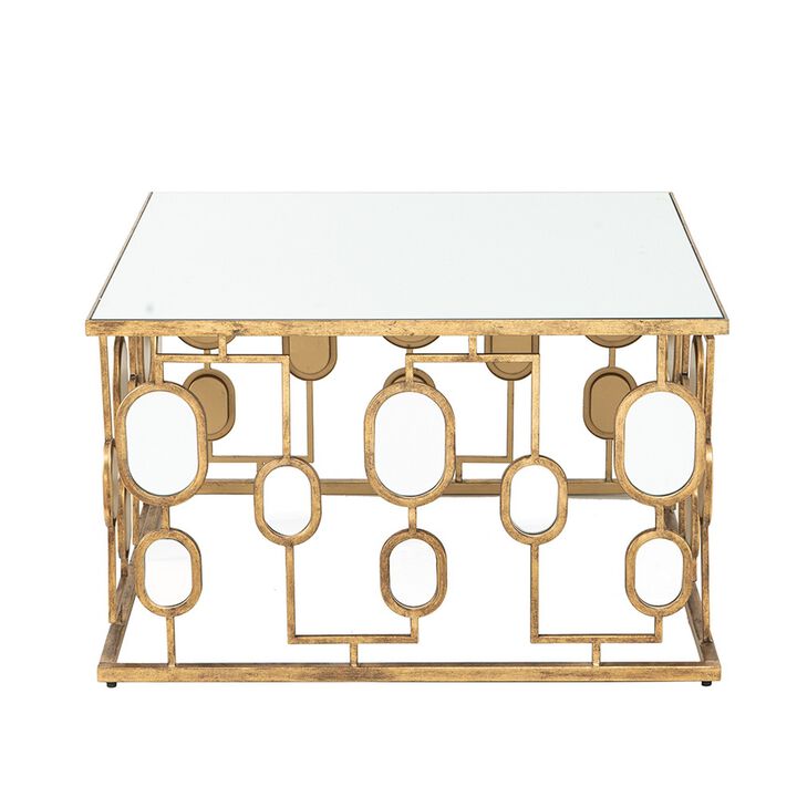 32 Inch Coffee Table, Mirror Top, Geometric Patterns, Iron, Modern, Gold-Benzara