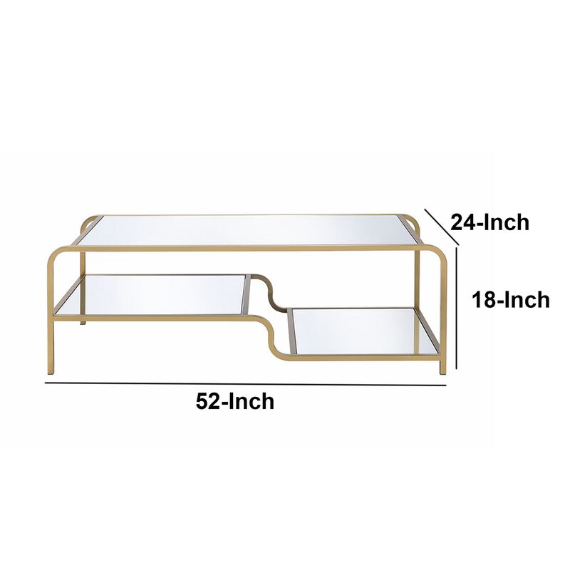 Metal Framed Mirror Coffee Table with Tiered Shelves, Gold and Mirror-Benzara