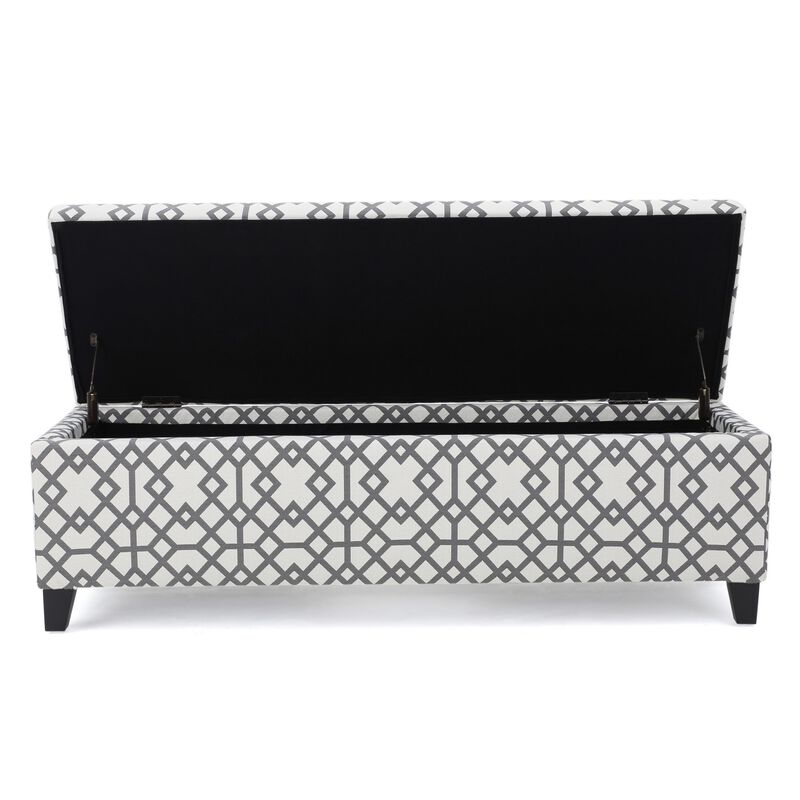 Flash Storage Ottoman Bench, Light Gray Geometric Print Fabric 51 Inch -Benzara