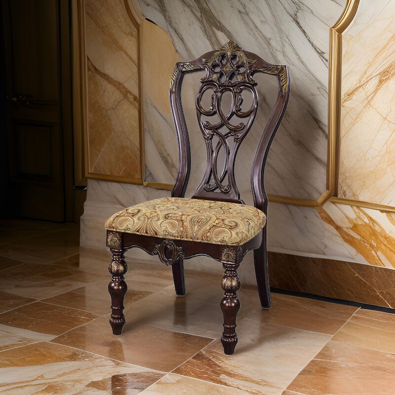 Fabric Upholstered Wooden Side Chair With Intricate Back, Set of 2 , Cherry Brown-Benzara