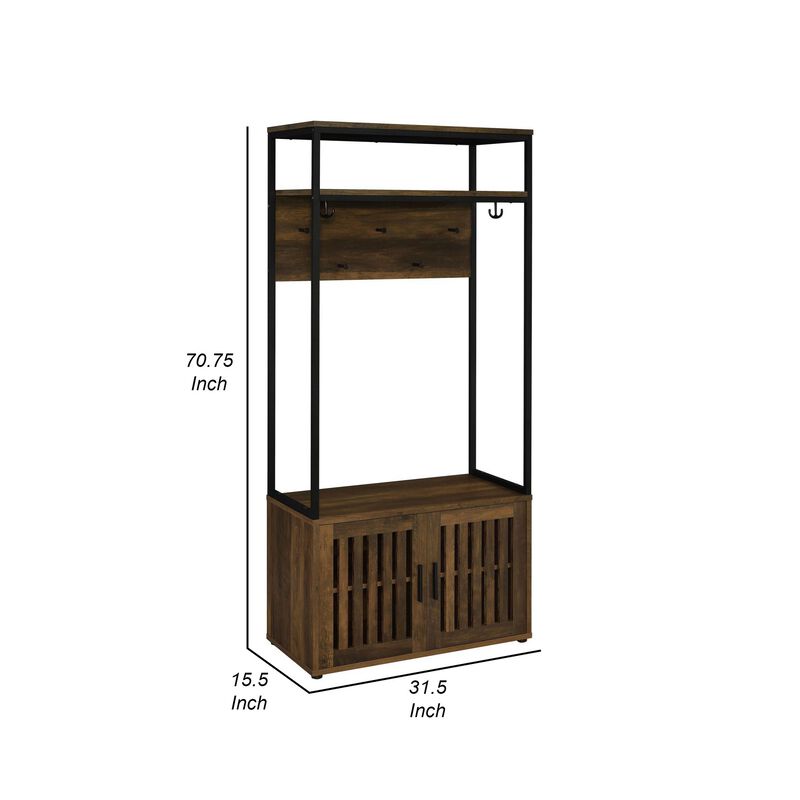 71 Inch Hall Tree Coat Rack, Shoe Cabinet with Shelves, Brown, Black - Benzara