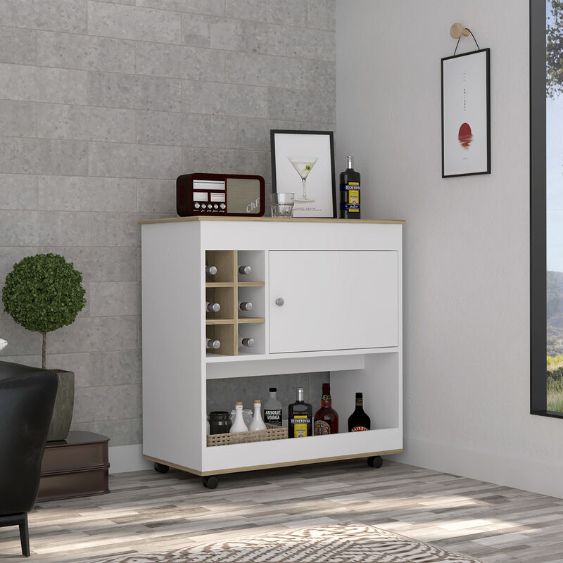 DEPOT E-SHOP Lotus Bar Cart, Six Bottle Cubbies, One Cabinet, Four Casters, Light Oak / White