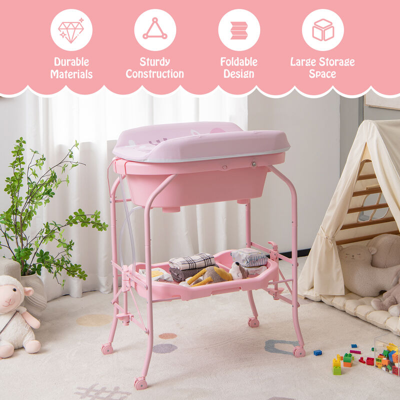Folding Baby Changing Table with Bathtub and 4 Universal Wheels