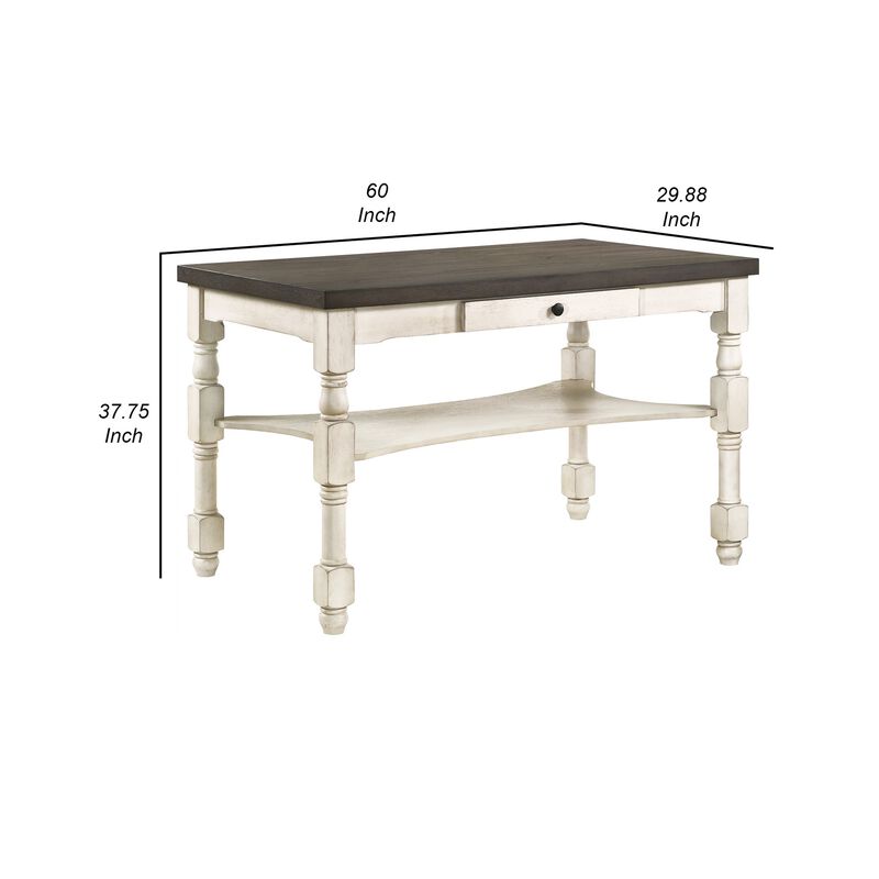Swan 60 Inch Counter Height Table, Gray Surface, Turned Legs, Ivory Wood - Benzara