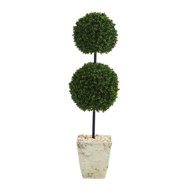 Hivvago 4 Feet Boxwood Double Ball Artificial Topiary Tree in Country White Planter UV Resistant (Indoor/Outdoor)