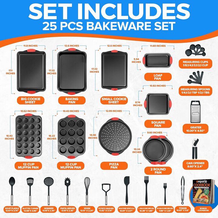 Baking Pan Set - Nonstick Coating, Carbon Steel Bakeware Set with Red Silicone Handles, PFOA, PFOS, PTFE Free, Recipe Booklet Included, Oven Safe Tray (Up To 450° F), Set of 25 - Black