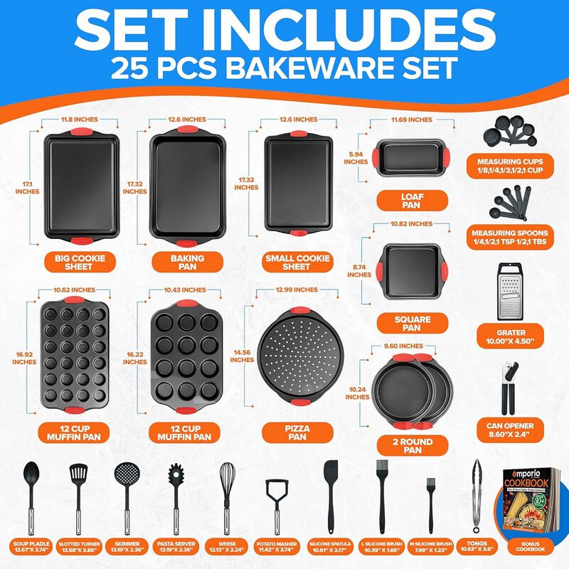 Baking Pan Set - Nonstick Coating, Carbon Steel Bakeware Set with Red Silicone Handles, PFOA, PFOS, PTFE Free, Recipe Booklet Included, Oven Safe Tray (Up To 450° F), Set of 25 - Black