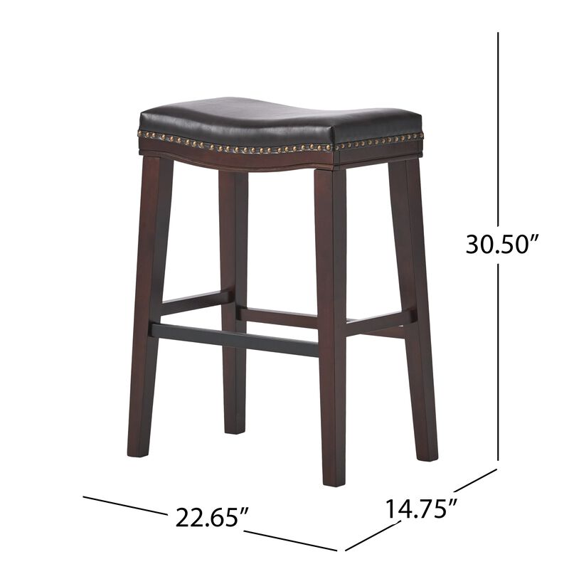 Clare Barstool Set of 2, Black Faux Leather, Nailhead Trim, Dark Brown - Benzara