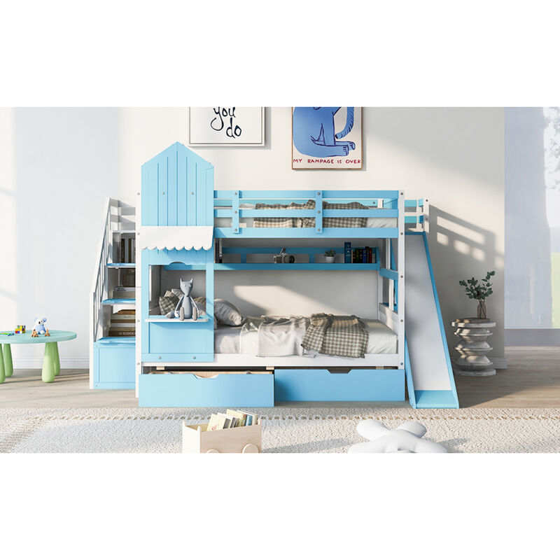 Full Over Full Castle Style Bunk Bed With 2 Drawers 3 Shelves And Slide